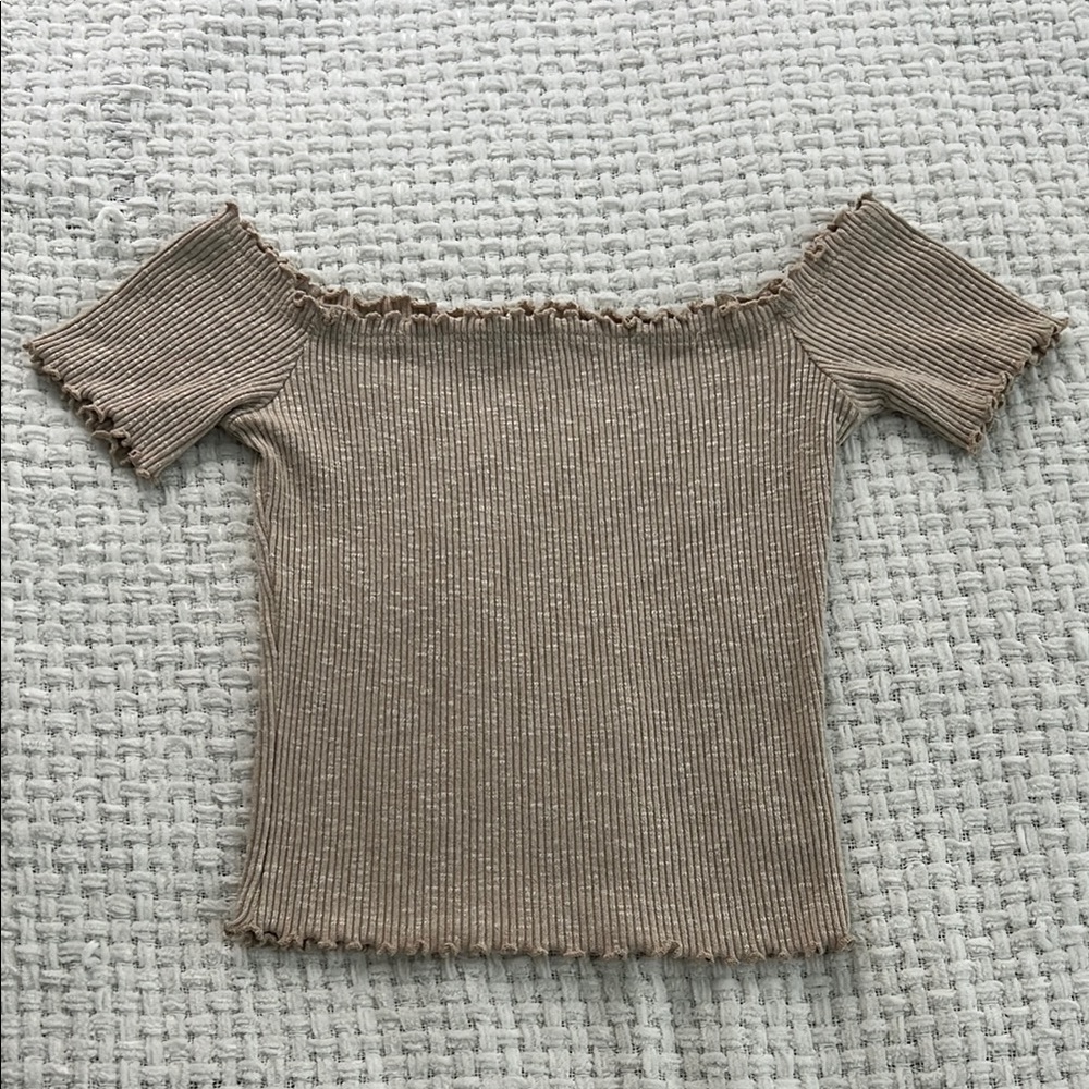 Ribbed Off-Shoulder Top in Tan